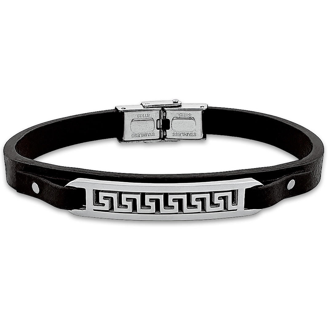 Bracelete de Aço em Couro Preto Com Placa Trabalhada