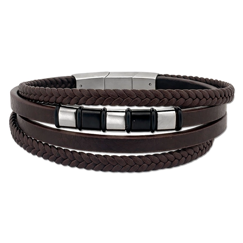 Bracelete Quatro Fios em Couro Marrom com Placa Trabalhada