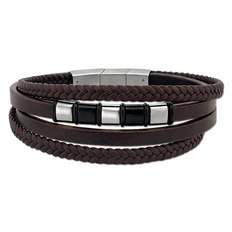 Bracelete Quatro Fios em Couro Marrom com Placa Trabalhada