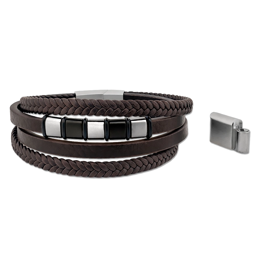 Bracelete Quatro Fios em Couro Marrom com Placa Trabalhada