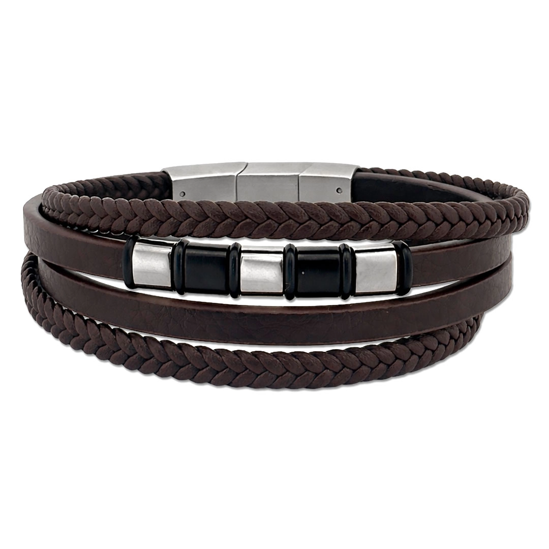 Bracelete Quatro Fios em Couro Marrom com Placa Trabalhada
