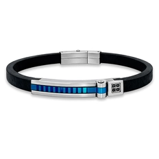 Bracelete Couro com Placa Espelhada com Fibra de Carbono Azul