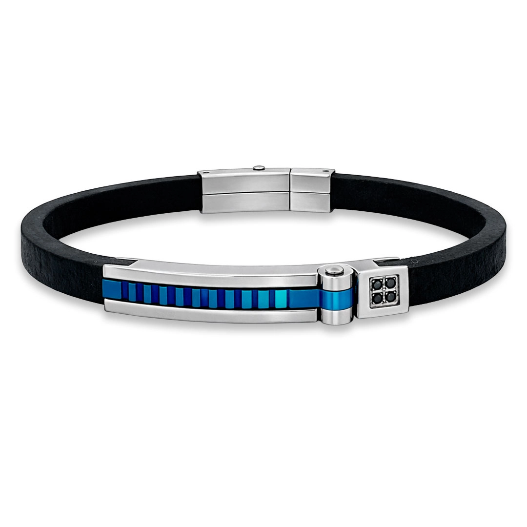 Bracelete Couro com Placa Espelhada com Fibra de Carbono Azul