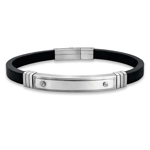 Bracelete Couro Preto com Placa Trabalhada Espelhada