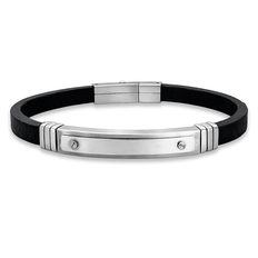 Bracelete Couro Preto com Placa Trabalhada Espelhada