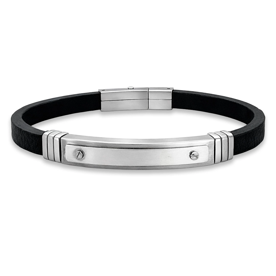 Bracelete Couro Preto com Placa Trabalhada Espelhada