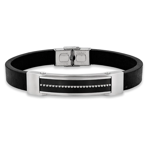 Bracelete Couro Preto com Placa Espelhada e Fibra de Carbono