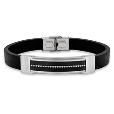 Bracelete Couro Preto com Placa Espelhada e Fibra de Carbono