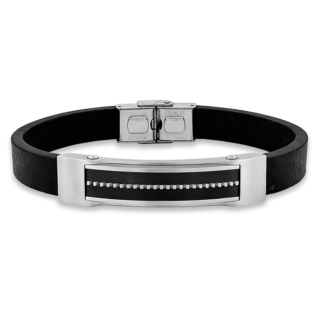 Bracelete Couro Preto com Placa Espelhada e Fibra de Carbono