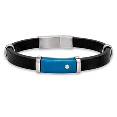 Bracelete Couro Preto com Placa Carbonada Azul