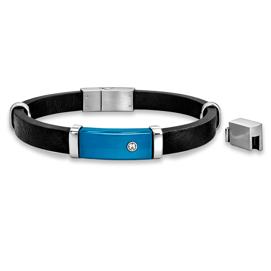 Bracelete Couro Preto com Placa Carbonada Azul