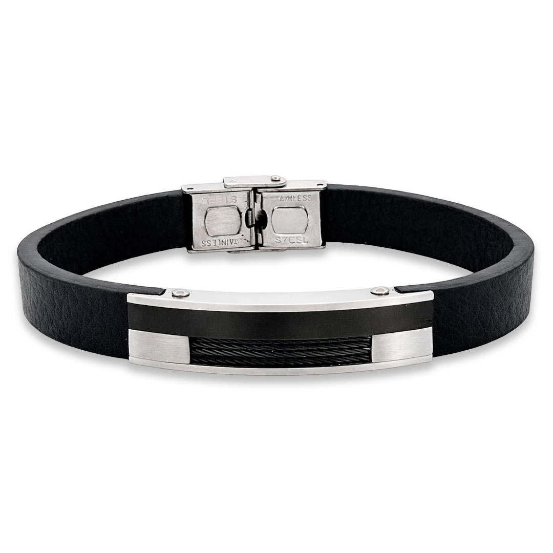 Bracelete Couro Preto com Placa Trabalhada