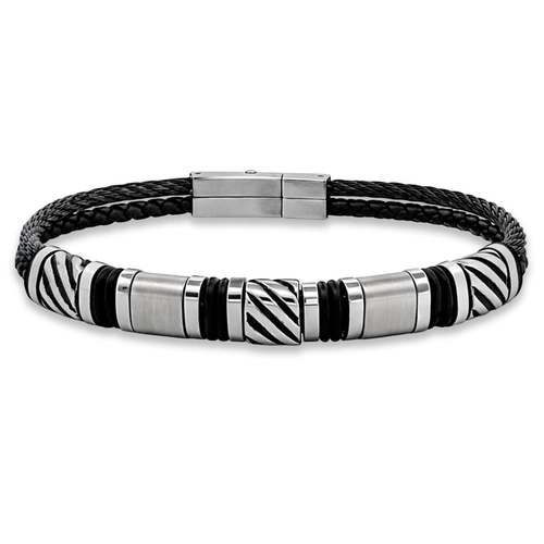 Bracelete Trançado Duplo com Placa Trabalhada Fosca e Cauciu