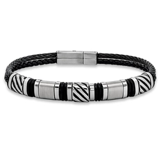 Bracelete Trançado Duplo com Placa Trabalhada Fosca e Cauciu
