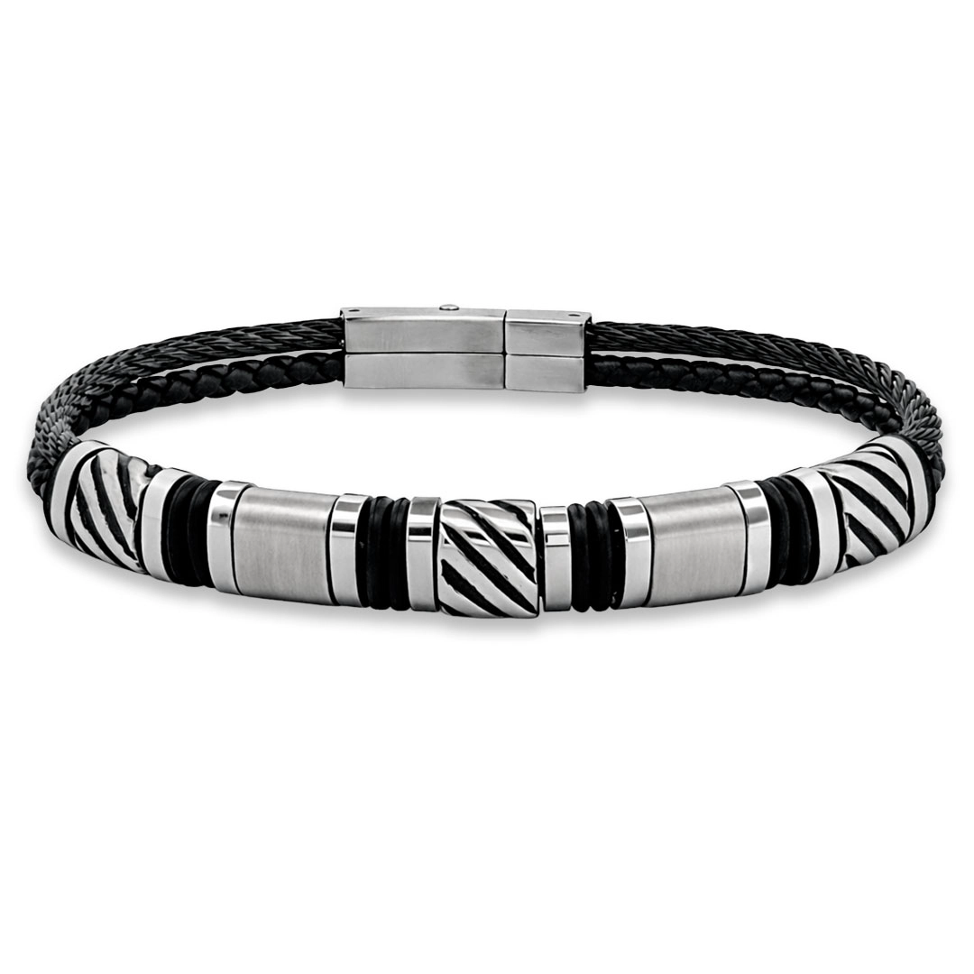 Bracelete Trançado Duplo com Placa Trabalhada Fosca e Cauciu