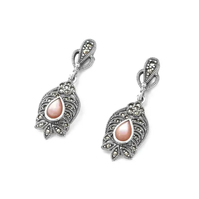 Brinco Balanço com Madrepérola Rosa Pequena e Marcassitas