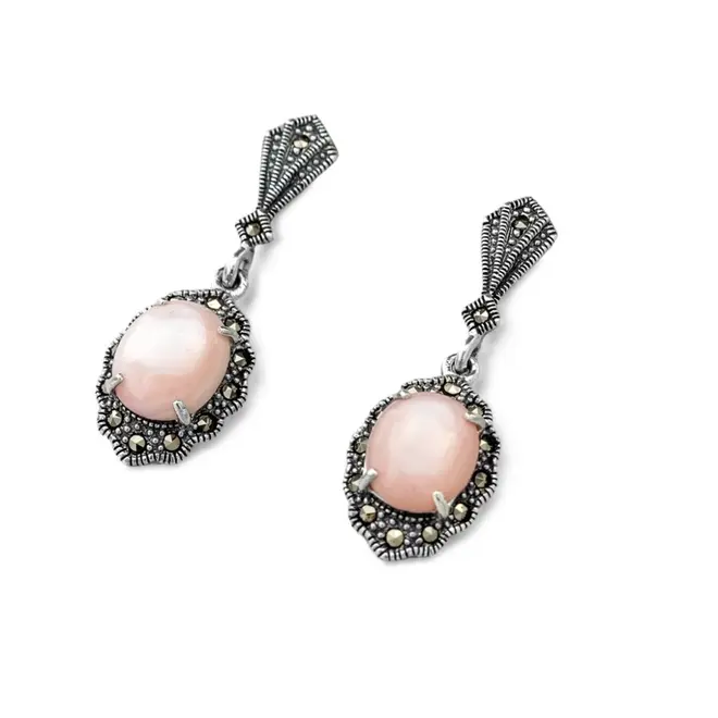 Brinco Balanço com Madrepérola Rosa Oval e Marcassitas em Volta