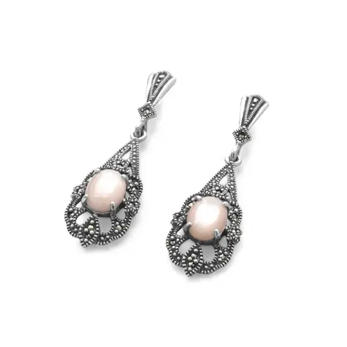 Brinco Balanço com Madrepérola Rosa Oval e Marcassitas