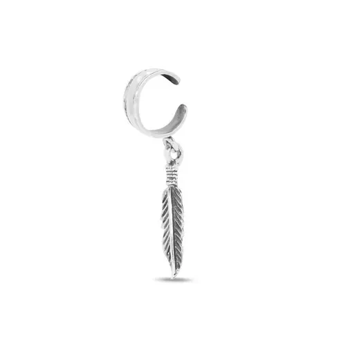 Brinco Ear Cuff de Prata com Pena Envelhecida