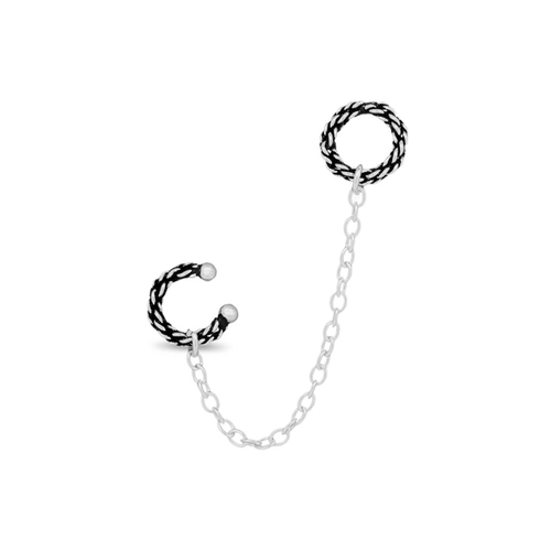 Brinco Ear Cuff de Prata Argola Dupla Envelhecida com Corrente