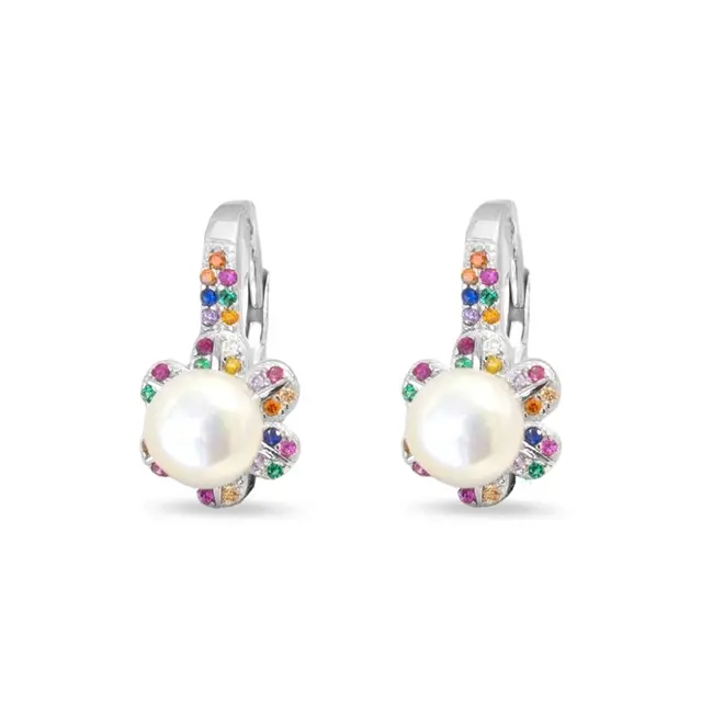 Brinco Gancho Flor com Zircônias Coloridas e Pérola Biwa