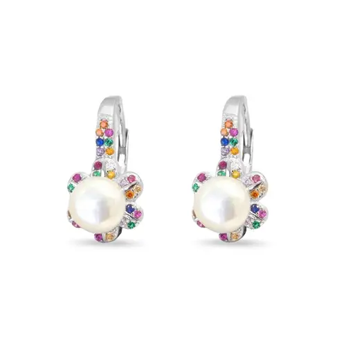 Brinco Gancho Flor com Zircônias Coloridas e Pérola Biwa