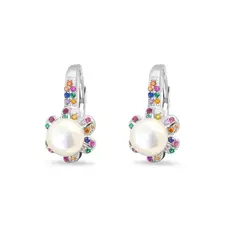 Brinco Gancho Flor com Zircônias Coloridas e Pérola Biwa