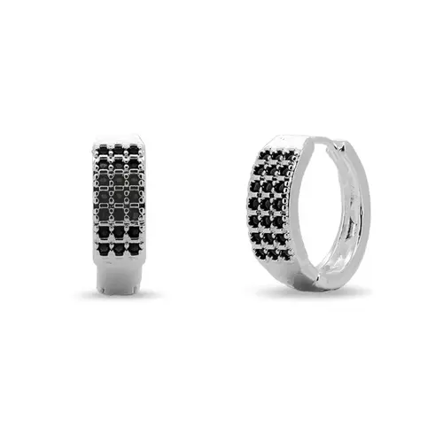 Brinco Argola Click com Três Fileiras de Zircônia Ônix