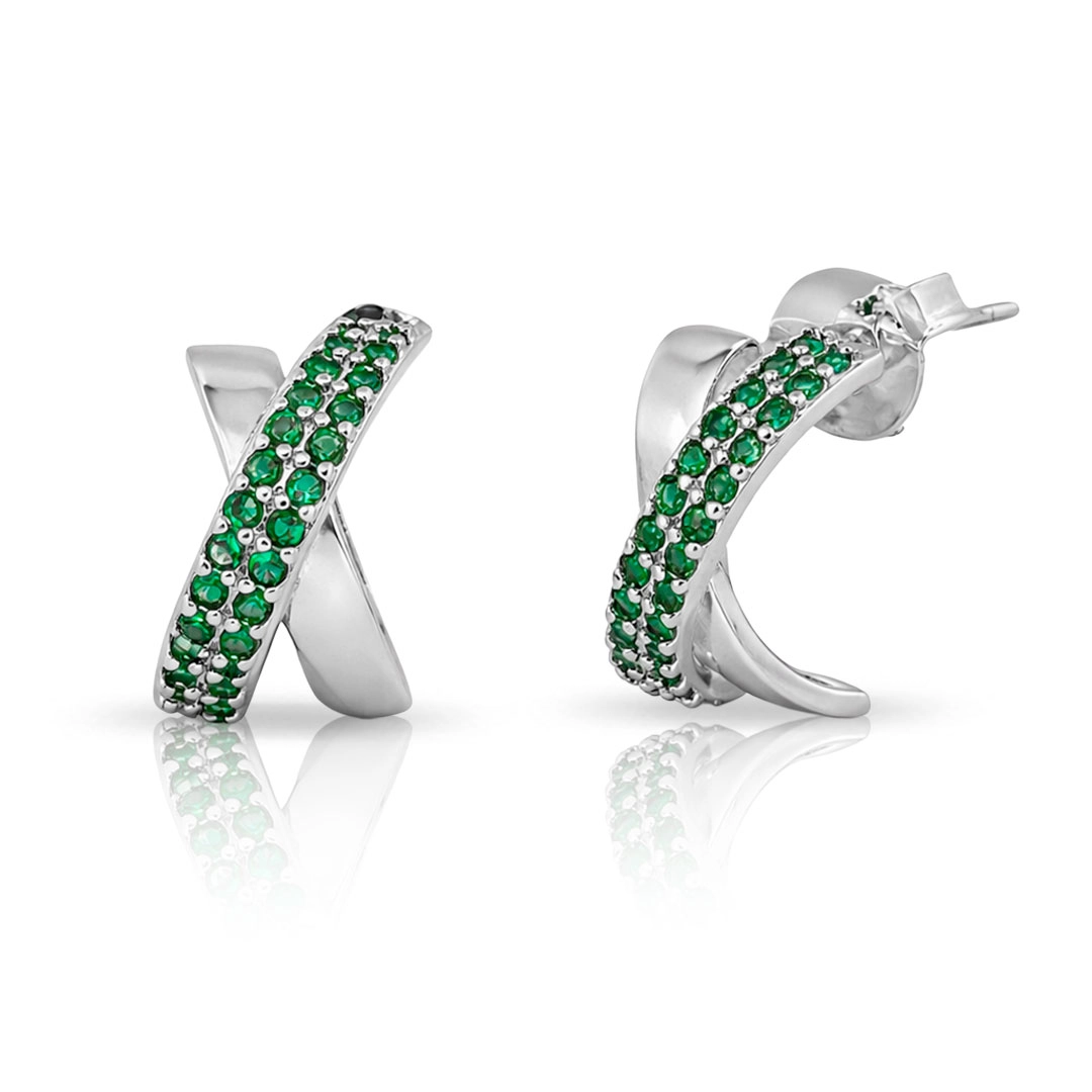 Brinco Argola em X Espelhado com Zircônias Esmeralda