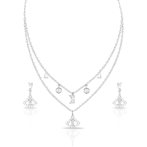 Colar de Prata Blend Collection Duplo e Brincos Com Zircônias Cristal