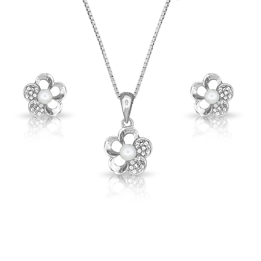 Conjunto  Flor com Pérola Biwa e Pétalas de Zircônia