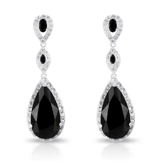 Brinco Balanço com Gota de Zircônia Ônix e Zircônia Cristal