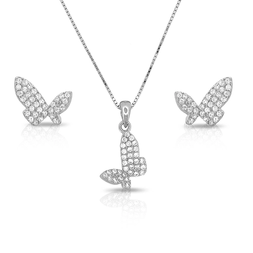 Conjunto de Prata Borboletas em Zircônias Cristal
