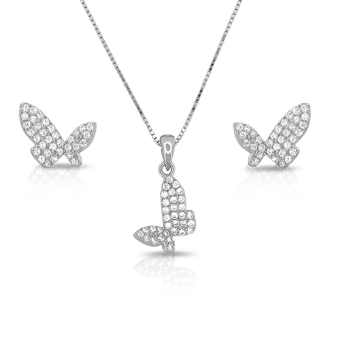 Conjunto de Prata Borboletas em Zircônias Cristal