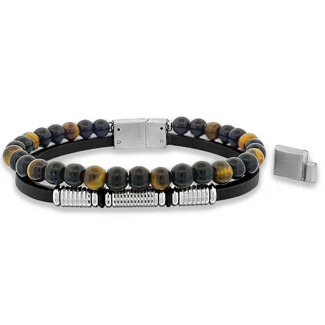 Bracelete de Aço Duplo Couro Preto com Trabalhado Espelhado e Esferas