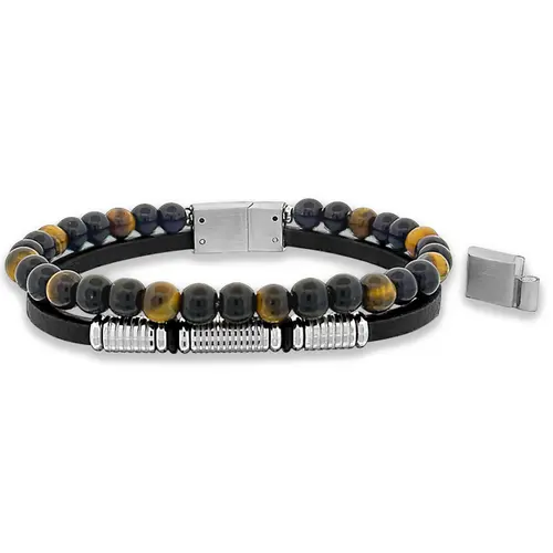 Bracelete de Aço Duplo Couro Preto com Trabalhado Espelhado e Esferas