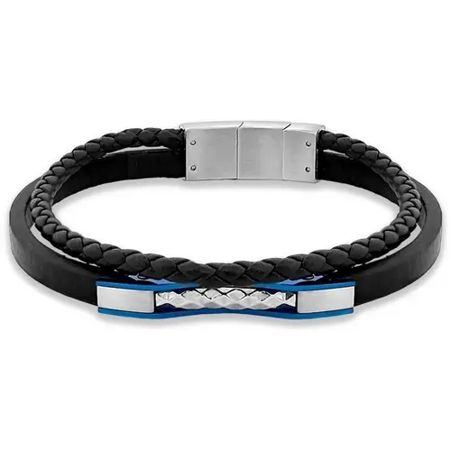 Bracelete de Aço com Couro Duplo, Placa Trabalhada e Fibra de Carbono Azul