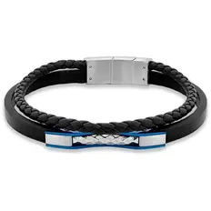 Bracelete de Aço com Couro Duplo, Placa Trabalhada e Fibra de Carbono Azul