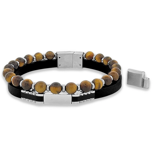 Bracelete de Aço Duplo com Couro Preto, Placa Carbonada e Esferas Marrom