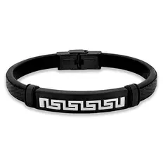Bracelete de Aço Couro Preto Com Placa carbonada Trabalhada Espelhada