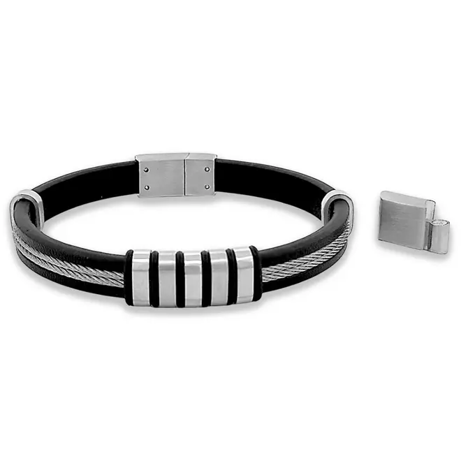 Bracelete de Aço Couro Preto com Cabo Náutico Com Placa e Cauciu