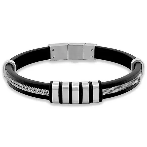 Bracelete de Aço Couro Preto com Cabo Náutico Com Placa e Cauciu