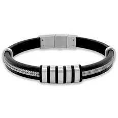 Bracelete de Aço Couro Preto com Cabo Náutico Com Placa e Cauciu