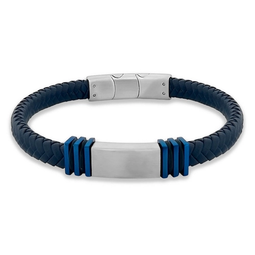Bracelete de Couro Azul Trançado com Placa Fosca