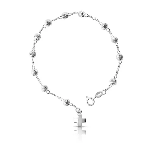 Pulseira Estilo Terço com Esferas Diamantadas e Cruz