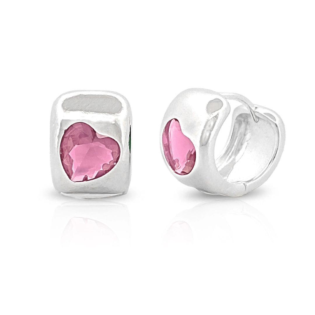 Brinco Argola Click com Zircônia Coração Rosa