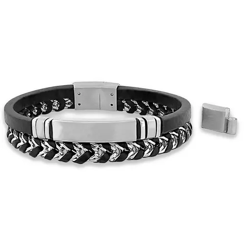 Bracelete de Aço Duplo Couro Preto Trançado com cabo Náutico e Placa Fosca