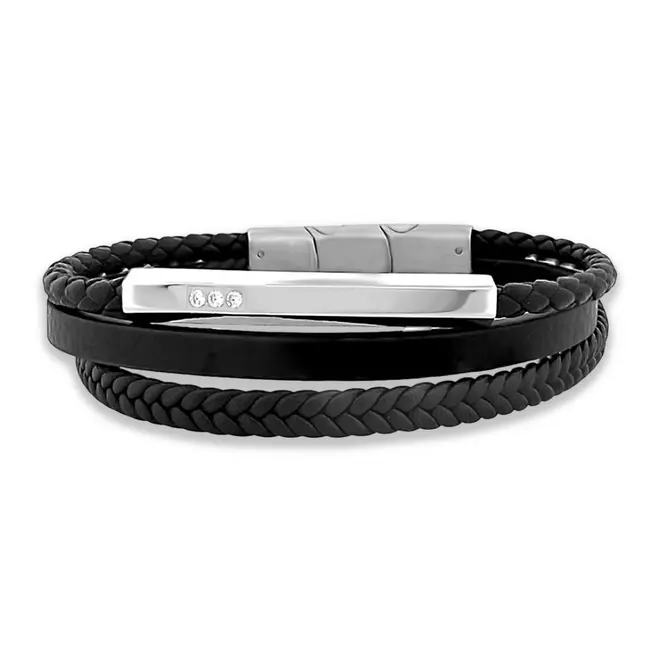 Bracelete Triplo Couro Preto Liso e Trançado Com Placa Espelhada e Zircônia Cristal