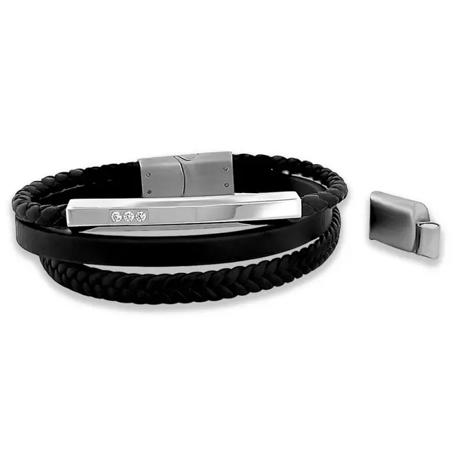 Bracelete Triplo Couro Preto Liso e Trançado Com Placa Espelhada e Zircônia Cristal