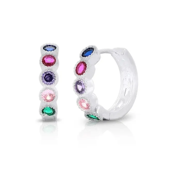 Brinco Argola Click com Zircônias Coloridas Redondas